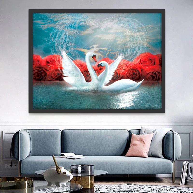 Couple de Cygnes et Roses Rouges Peinture par Numéros