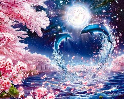 Couple de Dauphins et Coeur Peinture par Numéros