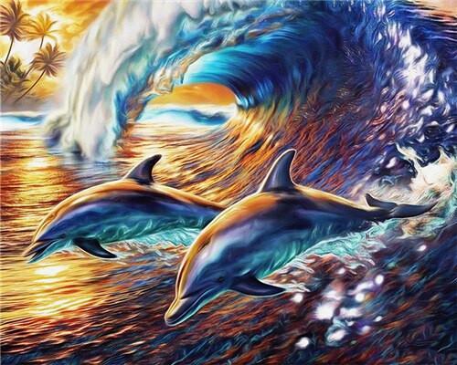 Couple de Dauphins Nageant Peinture par Numéros