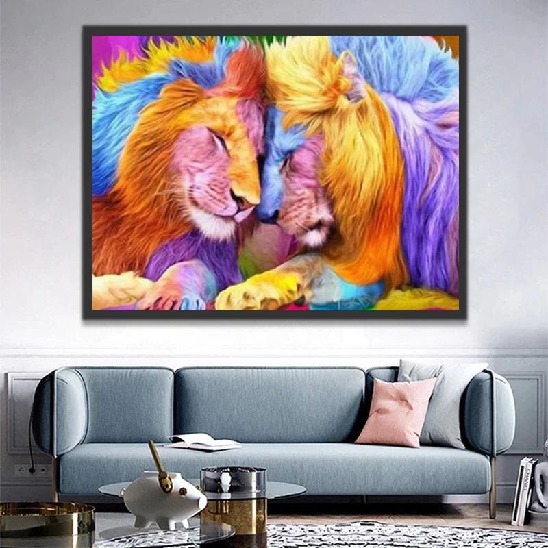 Couple de Lions d'Arc-en-Ciel Peinture par Numéros