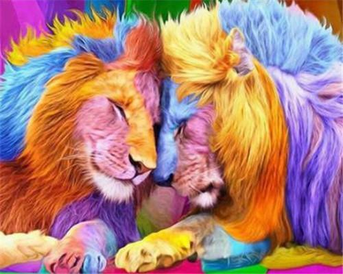 Couple de Lions d'Arc-en-Ciel Peinture par Numéros