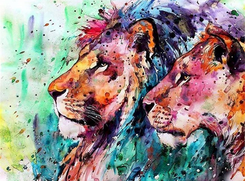 Couple de Lions Multicolores Peinture par Numéros