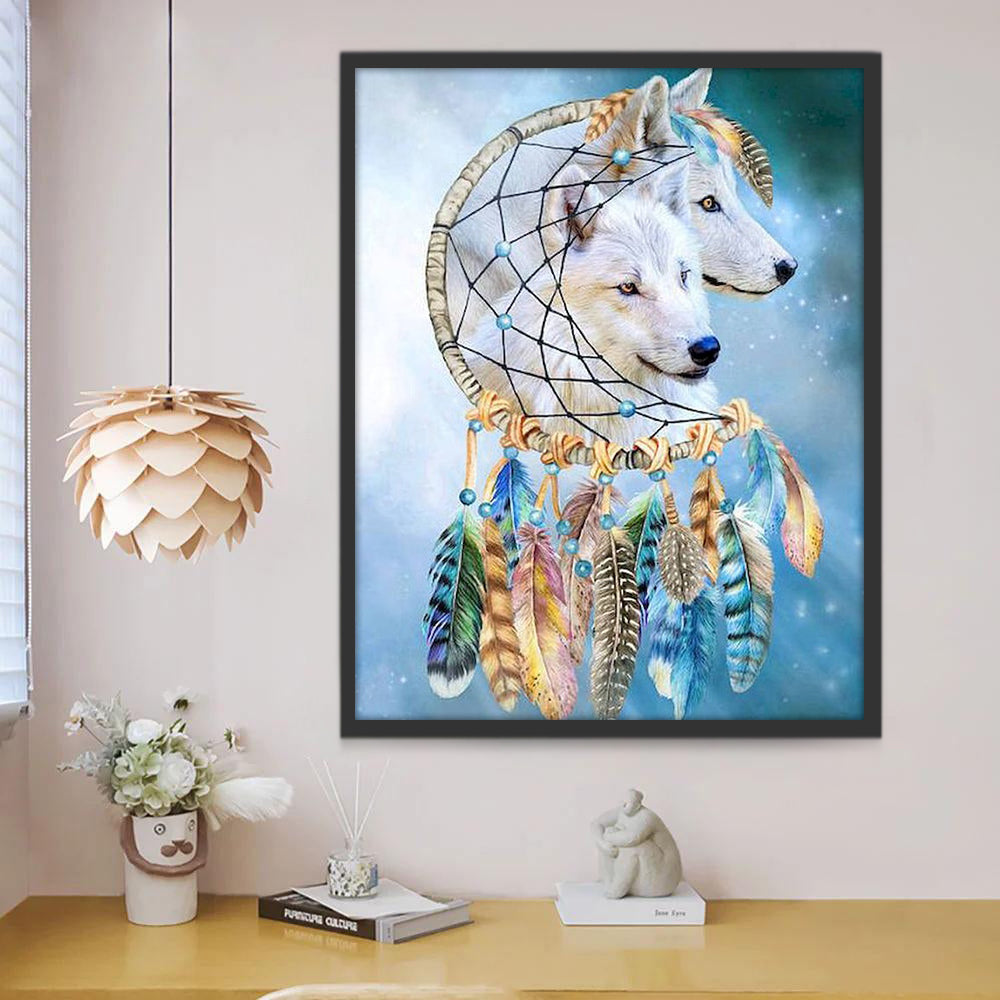 Couple de Loups Blancs et Capteur de Rêves Peinture par Numéros