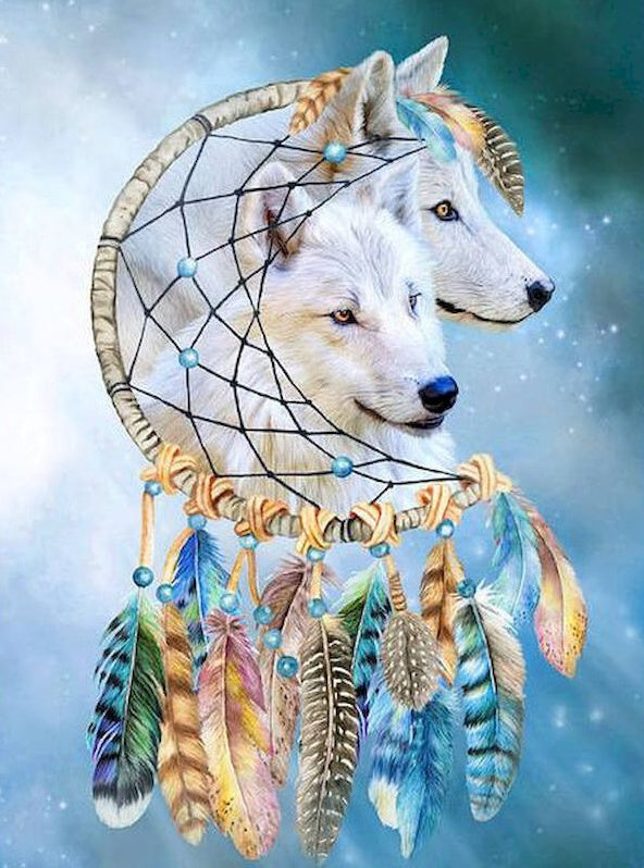Couple de Loups Blancs et Capteur de Rêves Peinture par Numéros