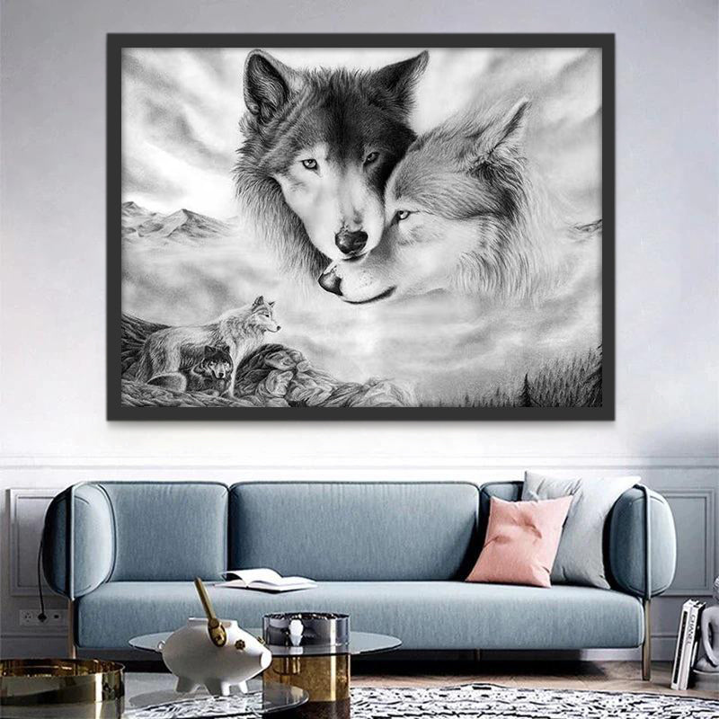 Couple de Loups Noirs et Blancs Peinture par Numéros