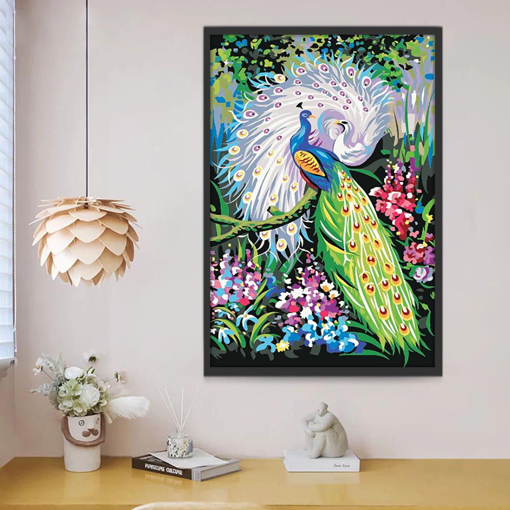 Couple de Paon Bleu et Paon Blanc Peinture par Numéros