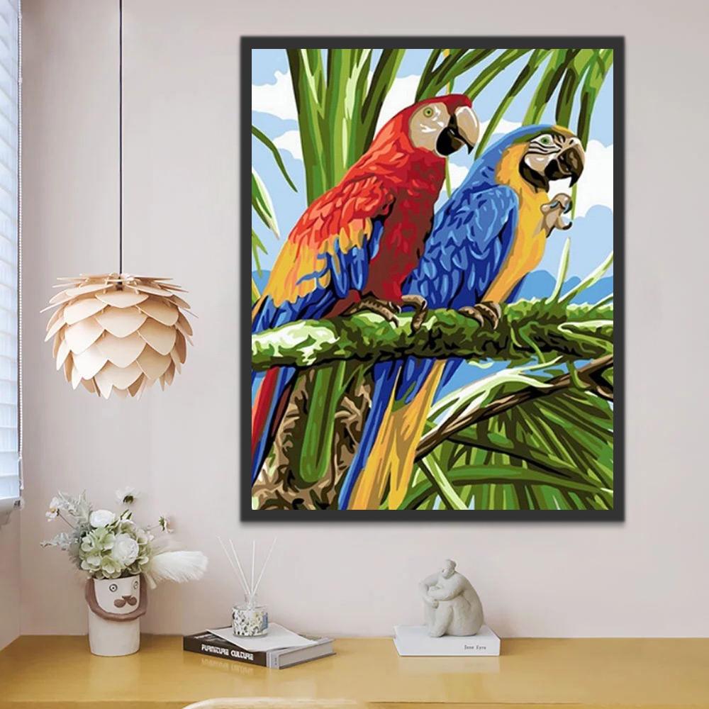 Couple de Perroquets sur la Branche Peinture par Numéros