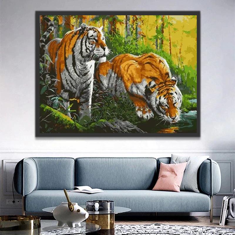 Couple de Tigre au Bord de Ruisseau Peinture par Numéros