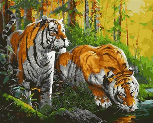 Couple de Tigre au Bord de Ruisseau Peinture par Numéros