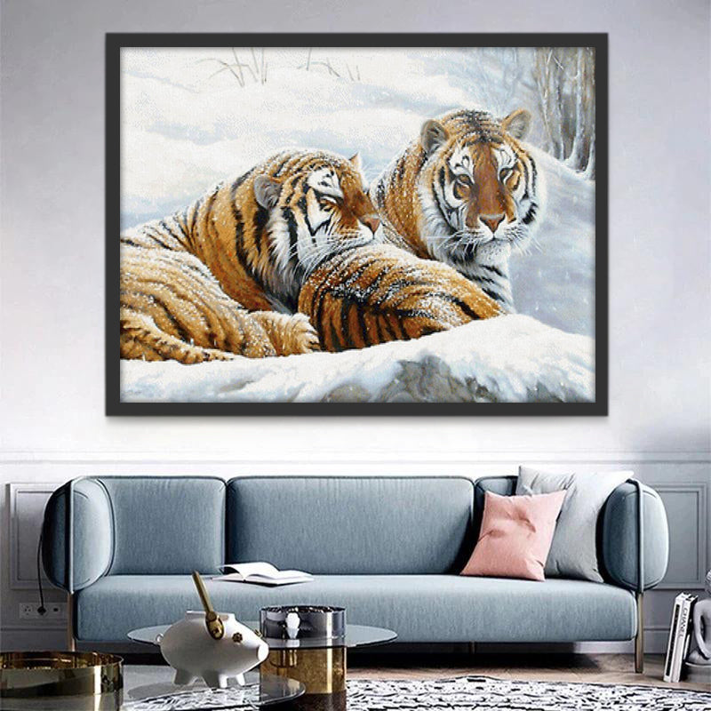 Couple de Tigre Blottis dans la Neige Peinture par Numéros