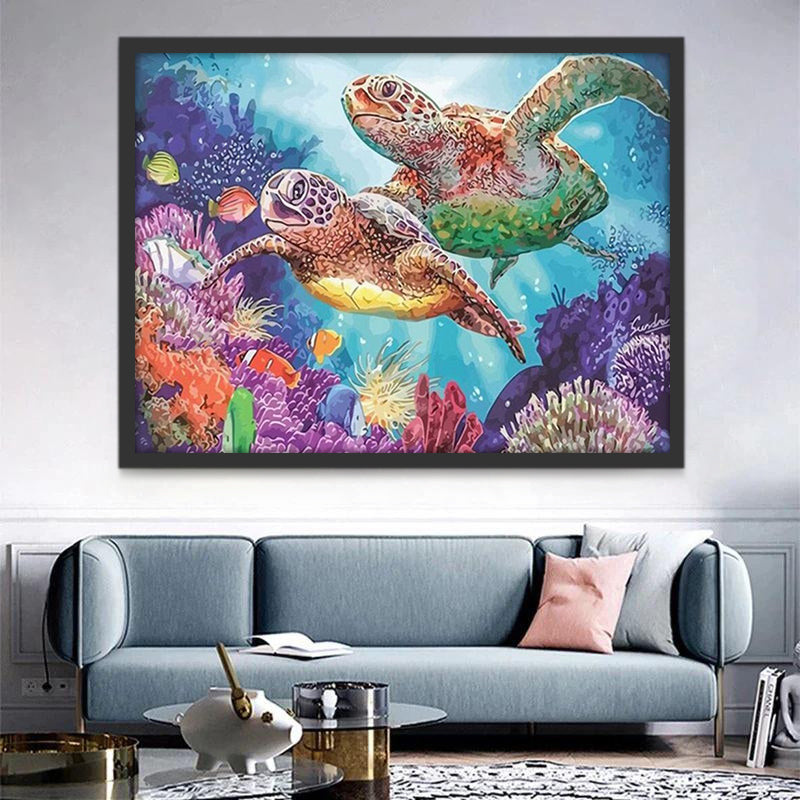 Couple de Tortues Marines et les Poissons Peinture par Numéros