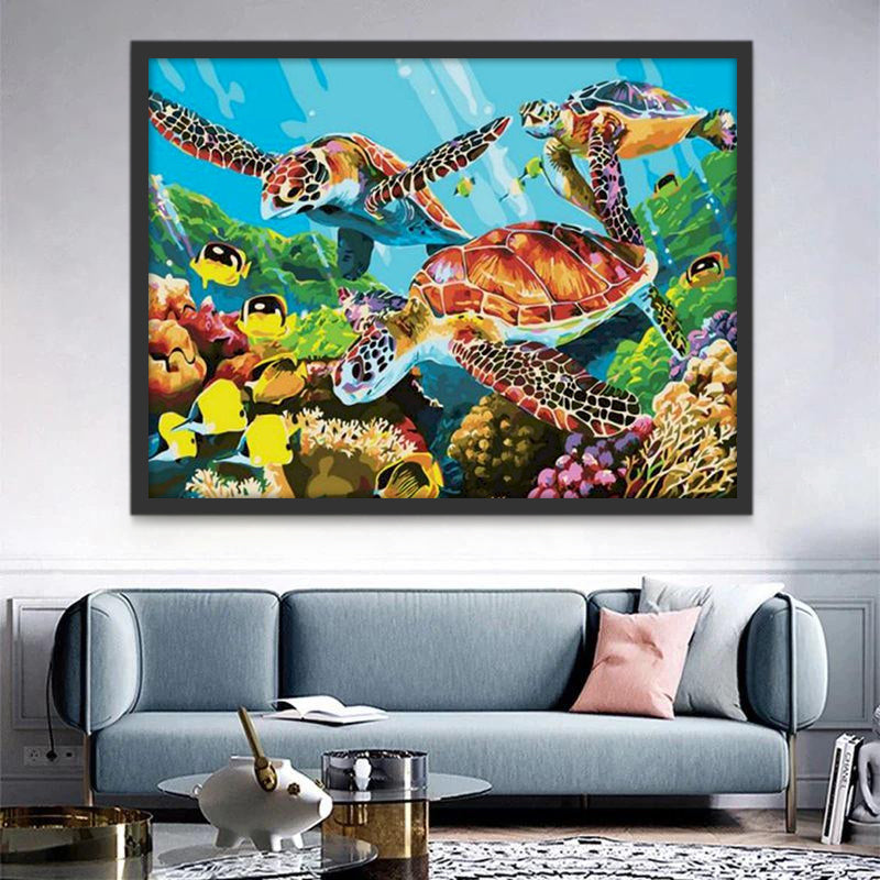 Couple de Tortues Marines et les Poissons Peinture par Numéros