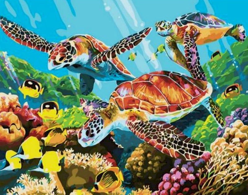 Couple de Tortues Marines et les Poissons Peinture par Numéros