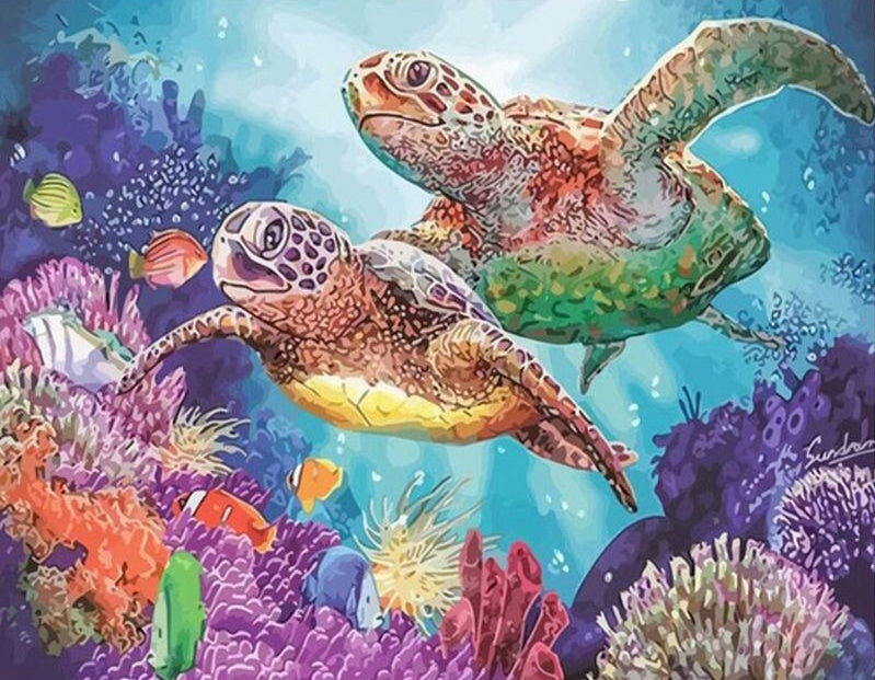 Couple de Tortues Marines et les Poissons Peinture par Numéros