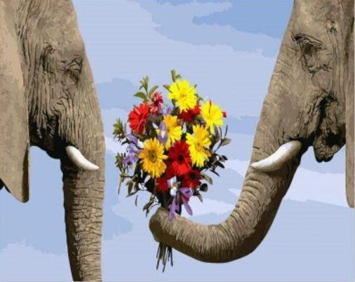 Couple d'Éléphant et Bouquet de Fleurs Peinture par Numéros