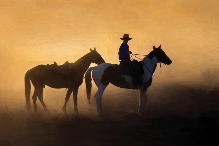 Cow-boy et Chevaux Blancs dans le Sable Jaune Peinture par Numéros