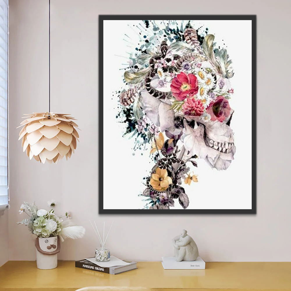 Crâne de Mort et Fleurs Peinture par Numéros