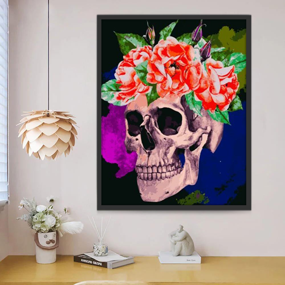 Crâne et Couronne de Fleurs Peinture par Numéros