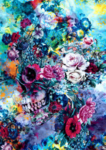Crâne et Fleurs Bleues Peinture par Numéros
