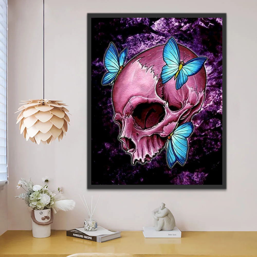 Crâne Rose et Papillons Bleus Peinture par Numéros