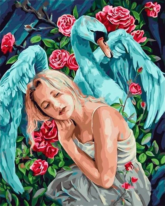 Cygne Bleu et Fille Peinture par Numéros