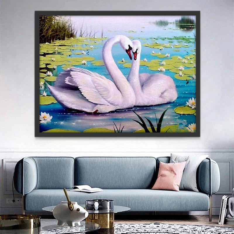 Cygnes dans un Etang de Lotus Peinture par Numéros