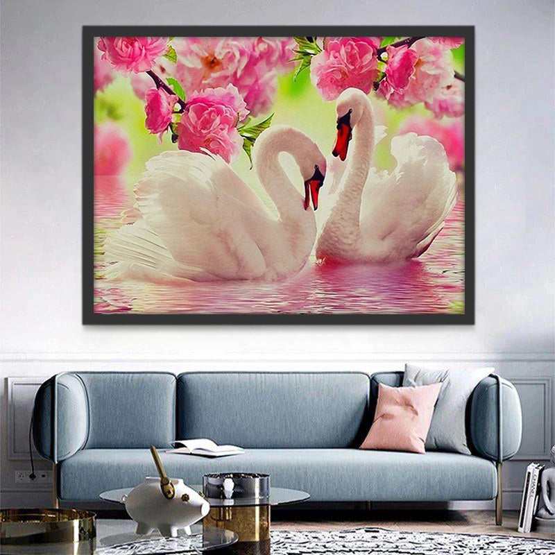 Cygnes et Fleurs Roses Peinture par Numéros