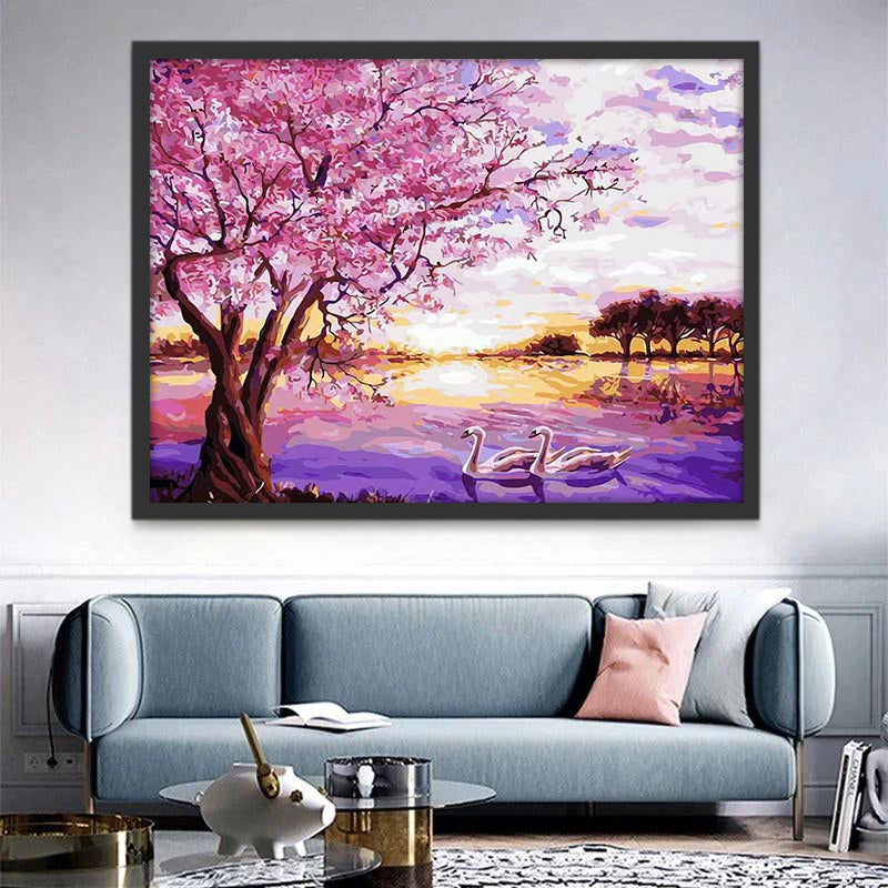 Cygnes et Lac Violet Peinture par Numéros