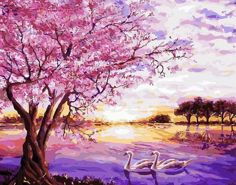 Cygnes et Lac Violet Peinture par Numéros