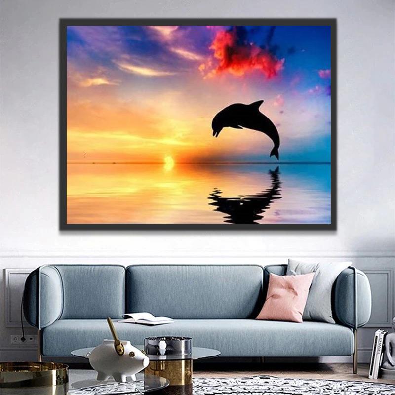 Dauphin Sautant hors de la Mer au Soleil Couchant Peinture par Numéros