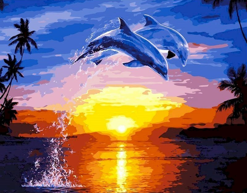 Dauphins dans le Soleil Couchant Peinture par Numéros