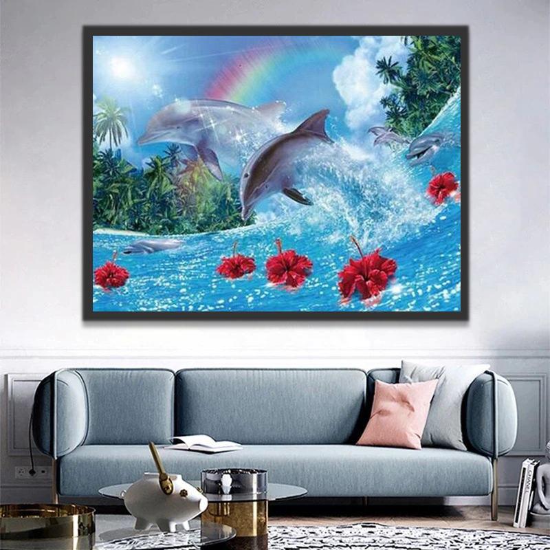 Dauphins et Fleurs Rouges Peinture par Numéros