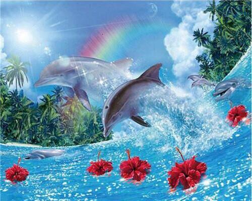 Dauphins et Fleurs Rouges Peinture par Numéros
