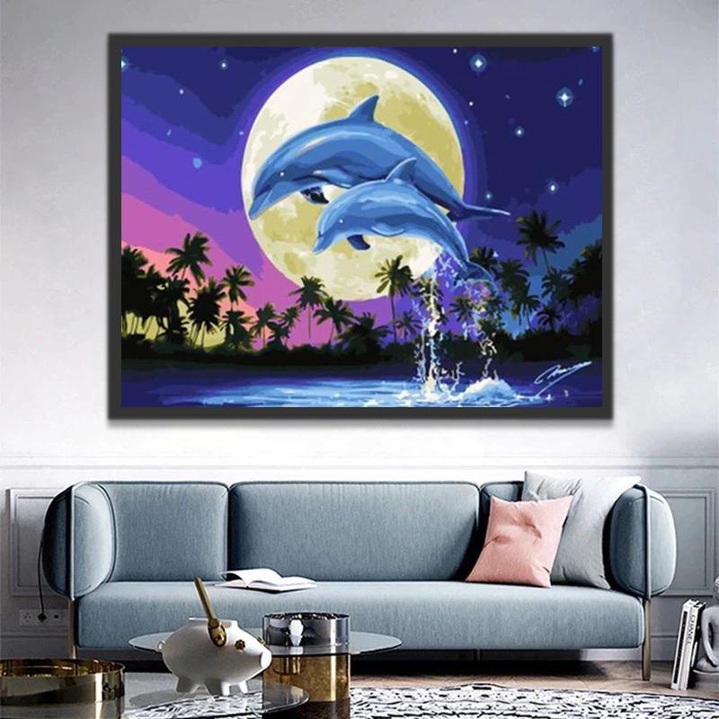 Dauphins et la Lune Jaune Claire Peinture par Numéros