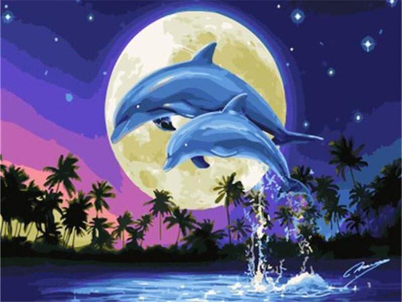 Dauphins et la Lune Jaune Claire Peinture par Numéros