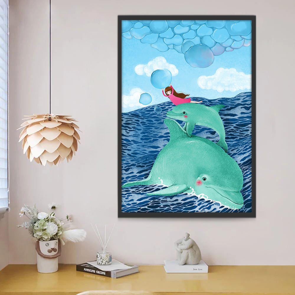 Dauphins Verts et Petite Fille Peinture par Numéros