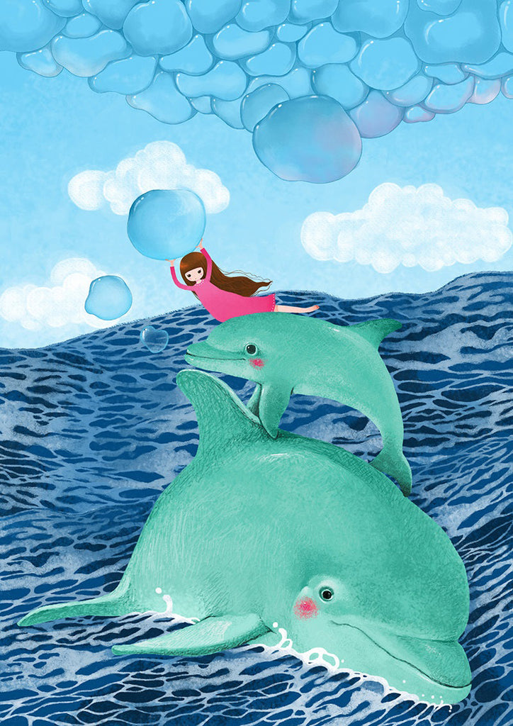 Dauphins Verts et Petite Fille Peinture par Numéros