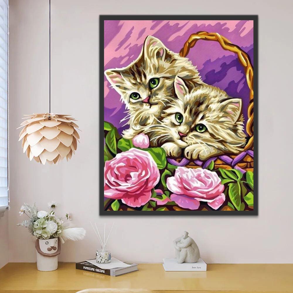 Deux Chatons et Roses Peinture par Numéros