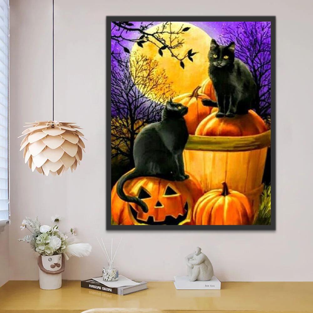 Deux Chats Noirs dans la Nuit Halloween Peinture par Numéros