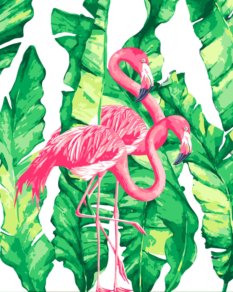 Deux Flamants et Grandes Feuilles Peinture par Numéros