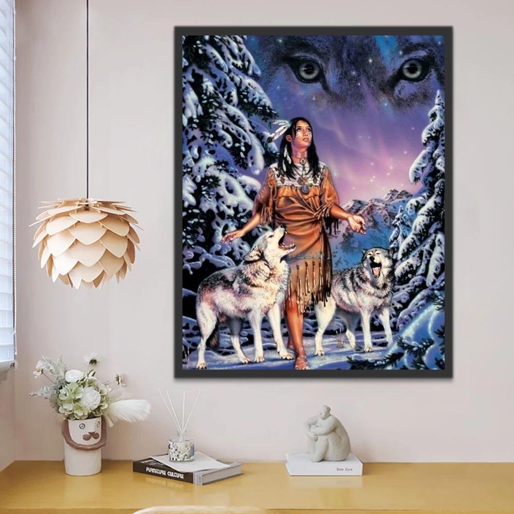 Deux Loups et une Femme Peinture par Numéros