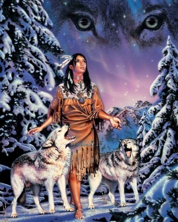 Deux Loups et une Femme Peinture par Numéros