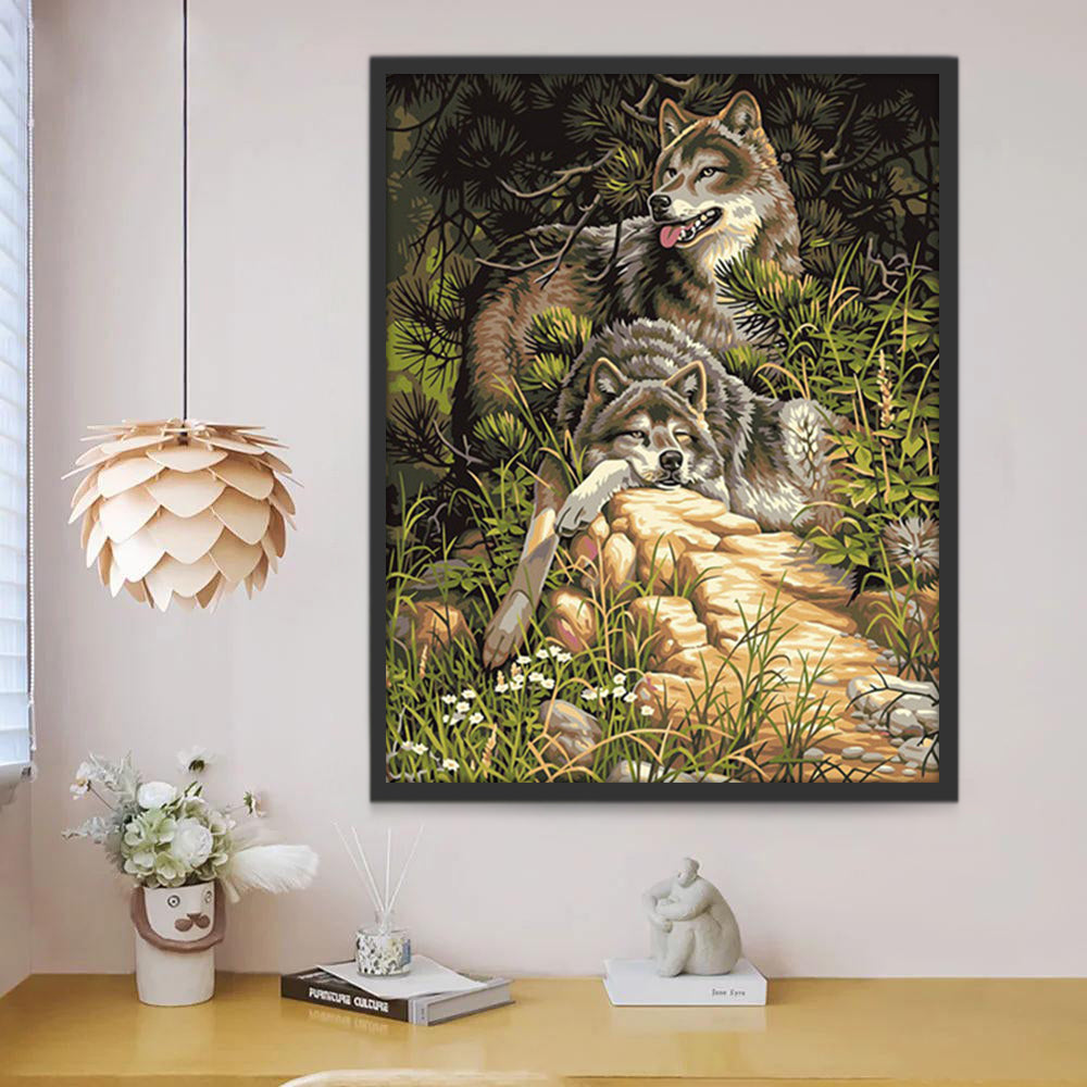 Deux Loups se Reposant dans la Forêt Peinture par Numéros