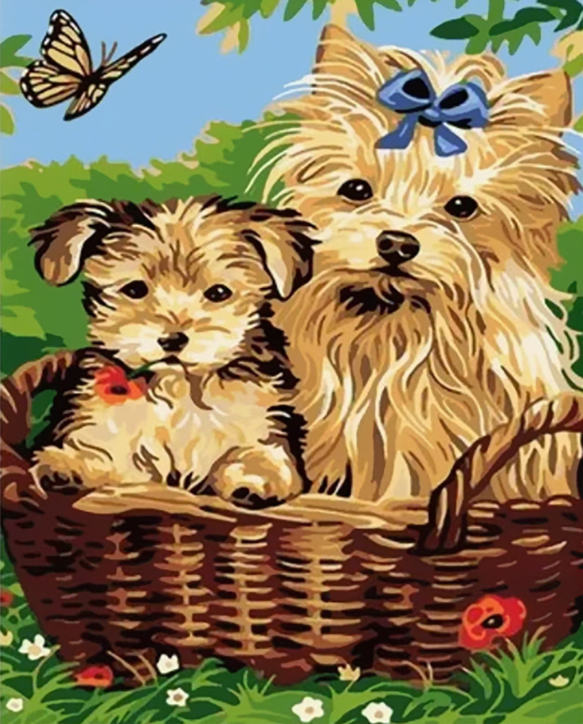 Deux Mignons Chiots dans le Panier Peinture par Numéros