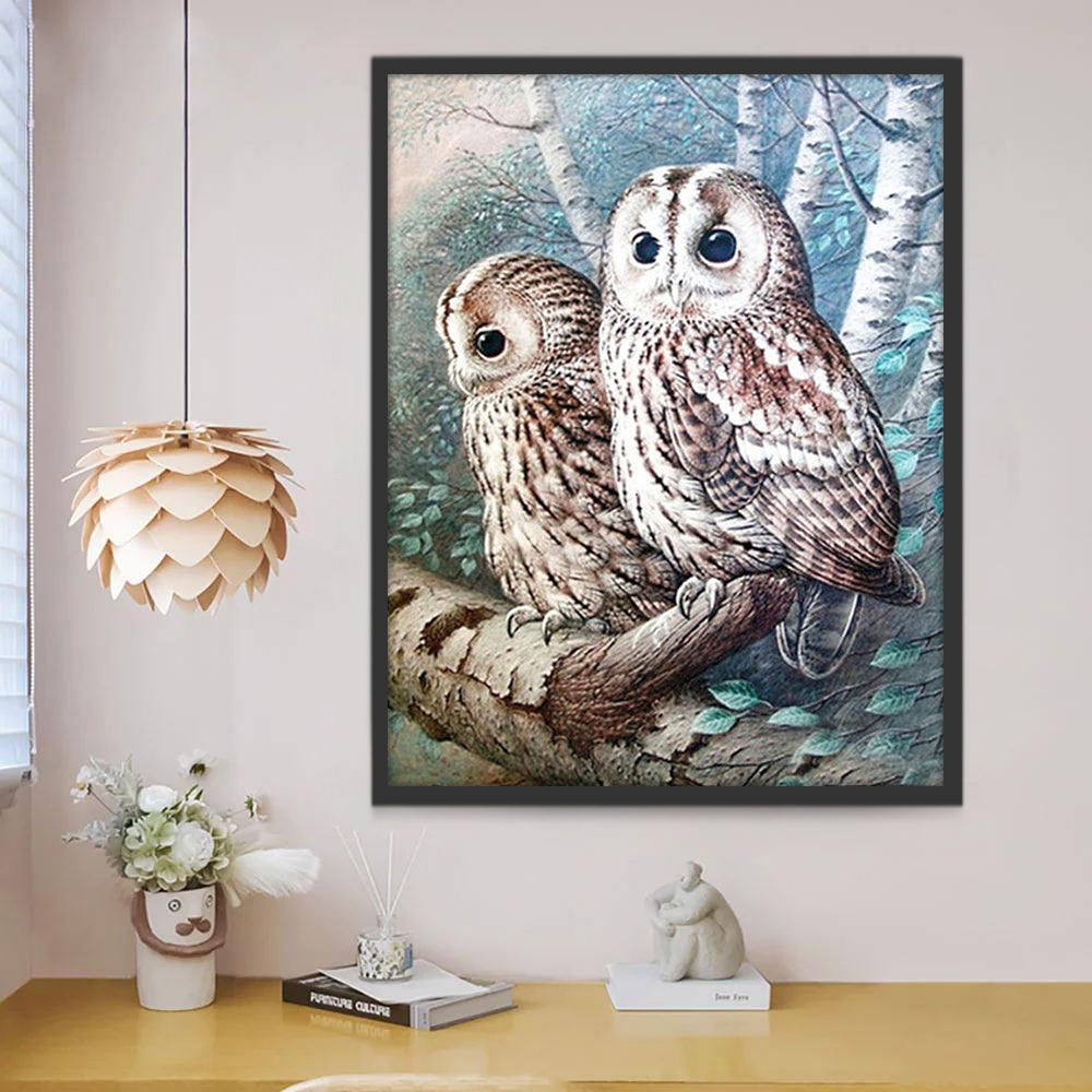 Deux Mignons Hiboux Debout sur la Branche Peinture par Numéros