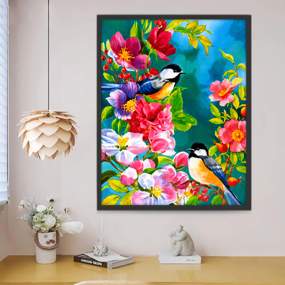 Deux Petites Mésanges et Grandes Fleurs Roses Peinture par Numéros