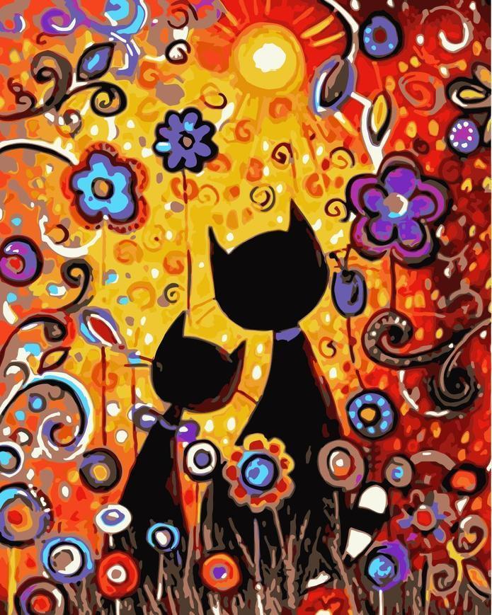 Deux Petits Chats Noirs parmi les Fleurs Peinture par Numéros