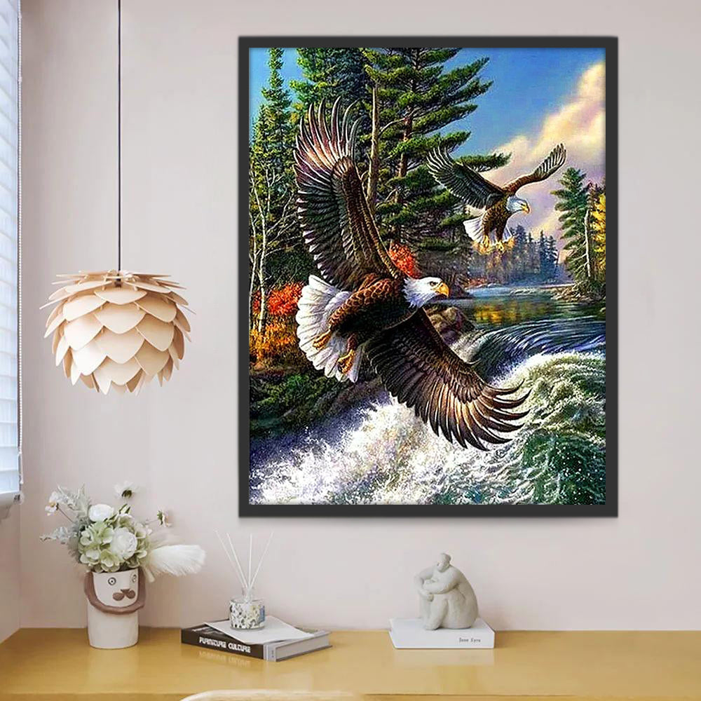 Deux Pygargues à Tête Blanche Volant et la Rivière Peinture par Numéros