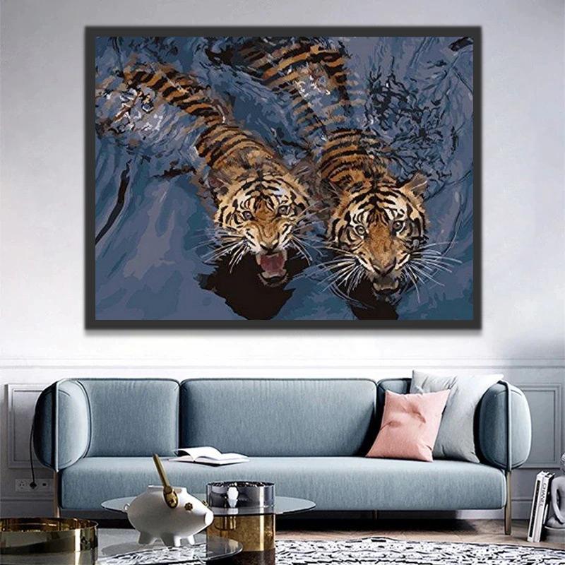 Deux Tigres Nageant Peinture par Numéros