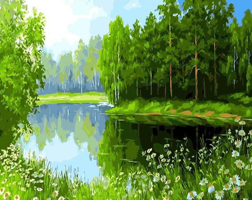 Eaux et Arbres Verts Peinture par Numéros